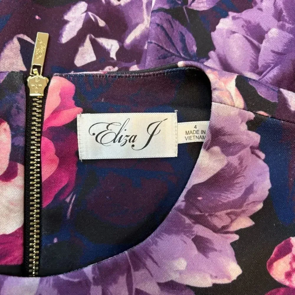 Eliza J black purple floral A-line dress‎ size 4